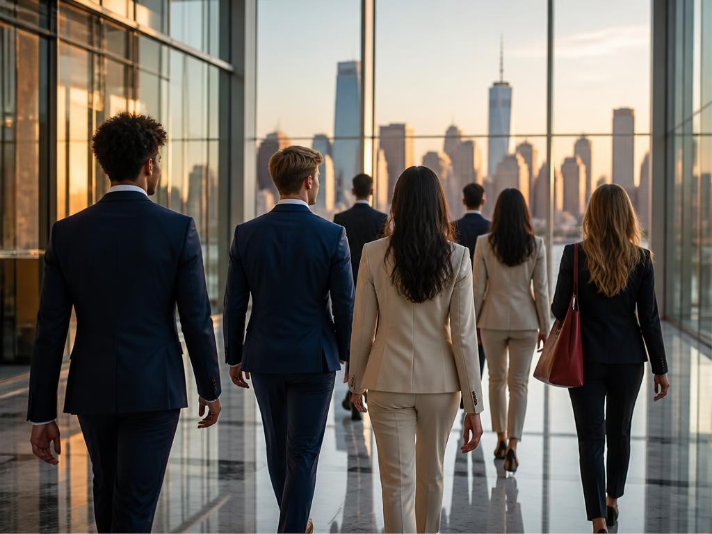 Professionally dressed students walking toward the Wall Street skyline at sunset